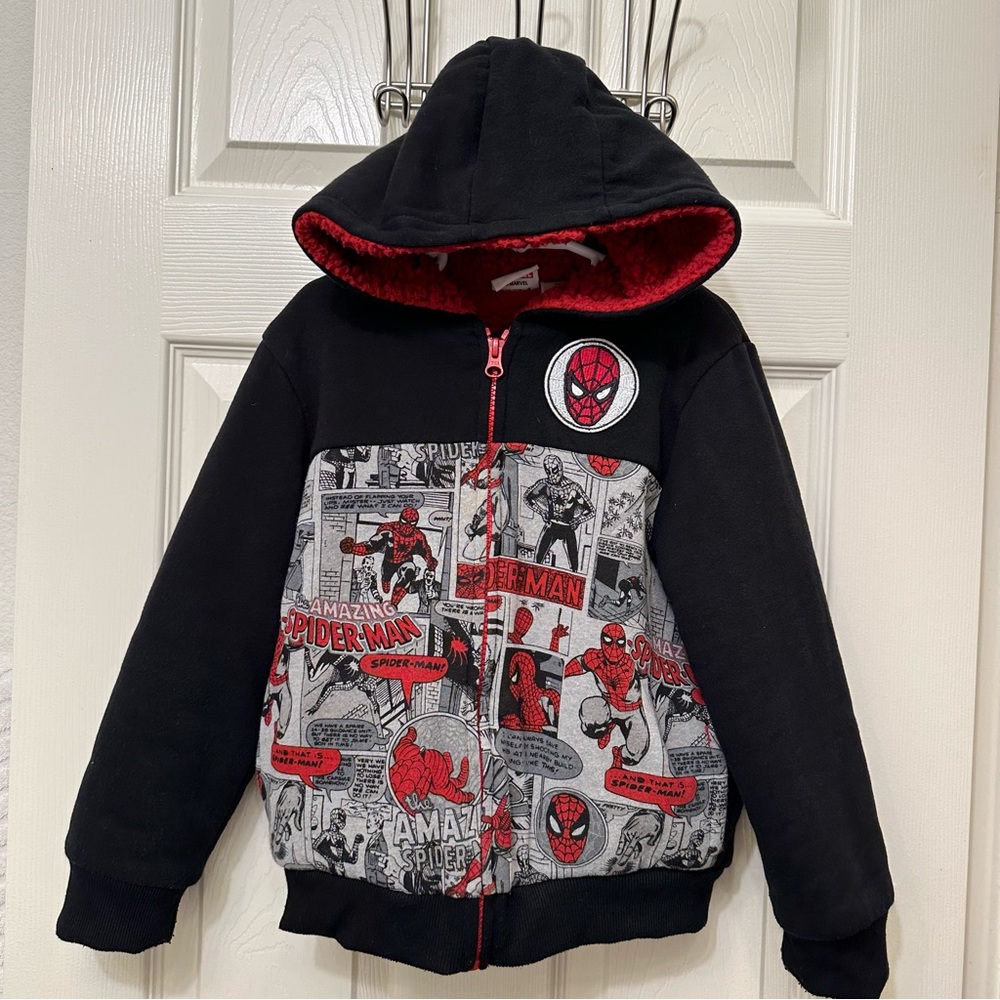 Marvel Spider-Man Boys Black Plush Hoodie Jacket Zip-Up Size 6